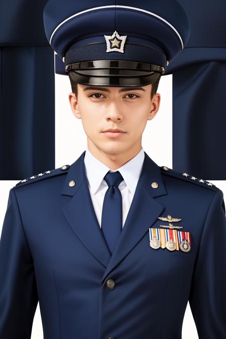 RAW photo, absurdres, high quality, photorealistic, sharp focus, airforce_uniform, 
a man wearing an air force uniform, looking at viewer, salute, service cap, 
park, outdoors, sunlight, 
photo realism, ultra-detailed, 50mm, f1. 4, 8k uhd, film grain, 
 <lora:airforce_V2:1>