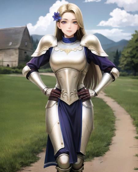 best quality, (masterpiece:1.2), illustration, absurdres,
(1girl, solo), (beautiful detailed girl), full body shot,
<lora:JoanOfArc-06:0.8>, Joan of Arc, blonde hair, long hair, hair ornament, hair flower, medium breasts,
purple undershirt, purple pants, armor, shoulder armor, pauldrons, breastplate, armored boots, pelvic curtain,
smile, looking at viewer,
medieval, medieval farming village, farm, clouds, sky
hands on hips