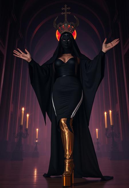 ((score_9, score_8_up, score_7_up)), (((character design, sci-fi warrior women, feminine power, perfect anatomy))), 
An enigmatic figure of a (satanic)nun(caucasian), her (dark habit_catsuit covers all her skin), conducting a sensual satanic ritual inside a dark cathedral during night under a red eclipse. Her (eyeless)mask, elaborate crown, (fully)conceals her identity, adding to her mystique and allure. gold stiletto platform thigh boots, big breasts, tiny waist, flat abs, naughty, looking at viewer, seducing with her body, dancing towards viewer with her arms posing, sexy ass seductive wide hips, butt cheeks, twerk, huge perky breasts, in the style of a vintage, high-contrast setting. Emphasize theatrical elements with extreme opposition of bright colors against dark, moody backgrounds, under a dark red sky
,big butt, booty, bubble butt,