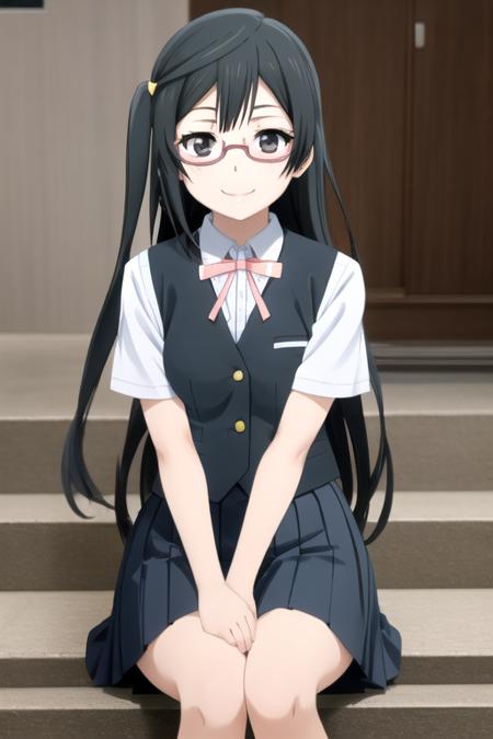 (((picture perfect))), 1girl, solo, <lora:setsuna-lovelive:0.8>, setsuna yuuki, school uniform, nijigasaki academy school uniform, short sleeves, vest, glasses, cowboy shot, looking at viewer, smile, sitting, own hands clasped