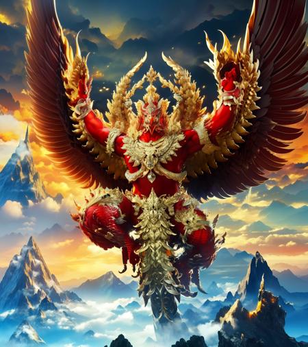 phayakrut king garuda{best quality},, super huge GARUDA solo, very detail, mountain, clouds and mist,realistic
<lora:phayakrut3216_100:0.85>,
(extremely detail CG unity 8k wallpaper:1.1)(masterpiece),(best quality:1.1),realistic,style of master anime,perfect perspective,intricate detail