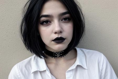 Teen brunnete nordic goth girl | tattoo | dark | Adult | On street | High quality | gothic makeup | realistic | informal | cute girl | bob cut hair | choker | solo | black hair