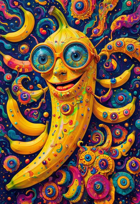 PsychadelicChaos, aidmaImageUpgrader, A vibrant, psychedelic movie poster featuring a friendly banana wearing oversized, mirrored sunglasses and a charming smile. The banana is surrounded by a chaotic, colorful swirl of surreal elements, including melting clocks, floating eyeballs, and twisted, abstract shapes. The poster's style is reminiscent of classic 1960s psychedelic art, with bold outlines, bright colors, and intricate patterns that seem to dance and shift before the viewer's eyes. The banana's cheerful expression contrasts with the wild, trippy atmosphere, creating a playful and intriguing scene that invites the viewer to step into its hallucinatory world.