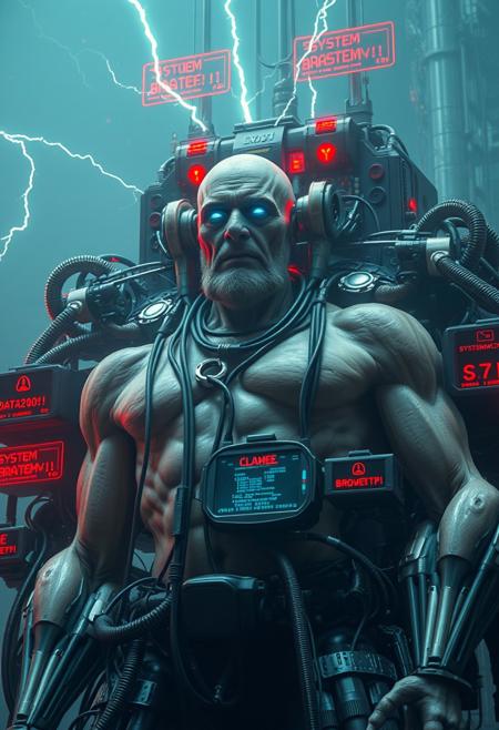Big tall old sexy gay bodybuilder granddad, HR Giger sci-fi horror film, dark cinematic sci-fi atmosphere, blame! Megastructure by tsutomu nihei, biomechanic cyborg plugged into machine with many big cables and colorcoded wires, multiple robotic arms coming out of his back like a god of illusion, huge tubes connected to body, organic fleshy components and pale wet skin with large musclefibers, machine god embedded into huge cybernetic throne, glowing blue eyes that emit electric lightning, short-circuit, thunderbolts, red glowing Datastream surrounding cables, screen in back with a lot of binary code on it, red holographic screens with errorcode and exclamation marks floating around  god, one screen displaying "SYSTEM BREACH!", calm serene stoic expression on machine gods face