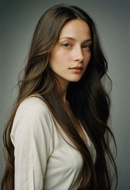 Extremely beautiful woman,very long hair, masterpiece, 1960s style portrait photograph by Annie Leibovitz, Rolleiflex medium format tlr