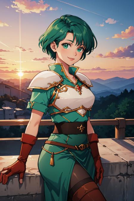 feKarin, green hair armor, green dress, fingerless gloves, thigh boots