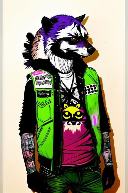 A raccoon drummer with a torn vest and wild, multicolored hair, beats the drums with frenetic energy in a dimly lit, underground punk club, setting the rhythm for the rebellious crowd:1.5, raccoon drummer:1.2, torn vest:1.2, wild, multicolored hair:1.1, drums:1.1, frenetic energy:1.1, dimly lit, underground punk club:1.1, rebellious crowd:1.1. , anipunks