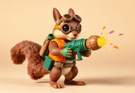 1990s-style action figure toy of an anthropomorphic squirrel dressed as a forest-themed nut defender superhero. The squirrel wears an orange utility vest, forest camo gloves, and goggles, holding a walnut-shell cannon that fires acorn projectiles and confetti nutrient bursts. Stylized accessories mini pumpkin grenades, and a belt of seeds. Bright colors, nostalgic aesthetic, detailed toy design, whimsical and heroic style, bold comic-book shading. Clean background. (No text). Top view. 4:5 aspect ratio --v 5 --style 90s --ar 4:5