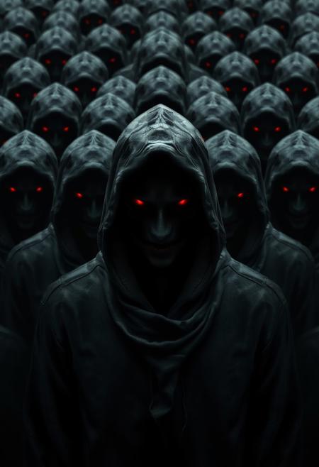 In a haunting, hyper-realistic image, a hooded shadow with piercing red eyes is enveloped by another identical shadow, which is in turn enveloped by another, and another, and another, creating an infinite regression of dark, mysterious figures. Each shadow is a precise, detailed replica of the one surrounding it, with subtle variations in texture and shading, creating a sense of depth and dimensionality. The red eyes glow with an otherworldly intensity, seeming to burn with an inner fire, as they stare out from the depths of each shadow. The hoods are rendered in intricate detail, with folds and creases that seem to ripple and flow like dark, liquid fabric. The infinite repetition creates a sense of eerie, unsettling infinity, drawing the viewer's eye into the center of the image, where the shadows seem to disappear into a tiny, infinitely receding point. Highest-Quality, 4k, intricate details, visually stunning, Masterpiece