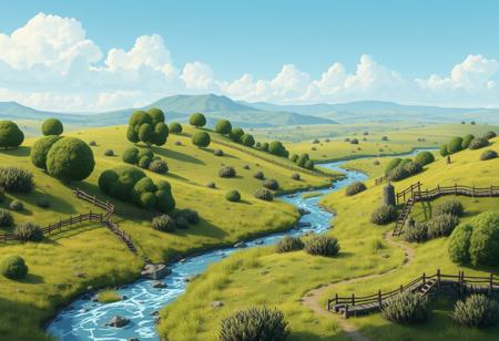 steppe with bushes in a game environment, (small rivers:1.2), ladders, fences, Andries Stock, computer graphics assets, Flat 2D Art extremely beautiful, masterpiece, best quality