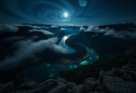 POV, on top of a mountain, looking down from mountain top, geological basin at the base of mountain, rivers leading to basin from mountains, basin surrounded by mountains, shore line, trees, clear blue water, swirling clouds, cloud streams, mist over basin, at night, dark, moon, moon light, glowing orbs in air around basin, glowing orbs under water surface, stars, night sky, nebula, 3 moons in sky,