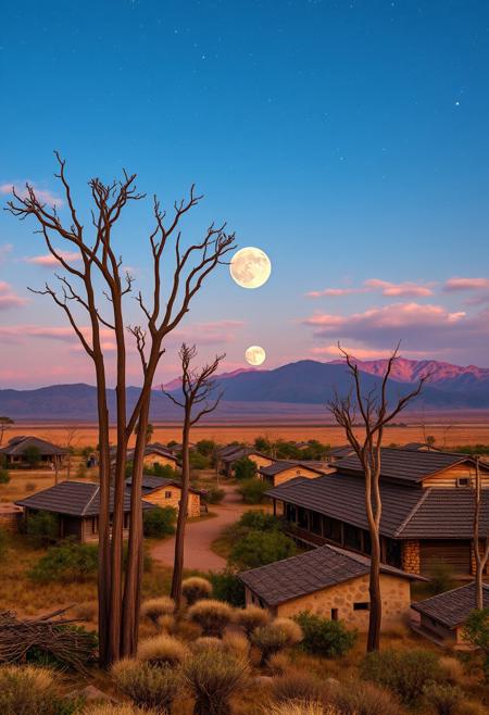 acacia trees, tall wooden village buildings, mountains in far distance, bustling village, savannah wilds, arid prairie, detailed scenery, fullmoon, night, clouds, starry sky, milky way, 
best quality, sharp focus, high contrast, colorful, ultra quality, 8k, best quality,