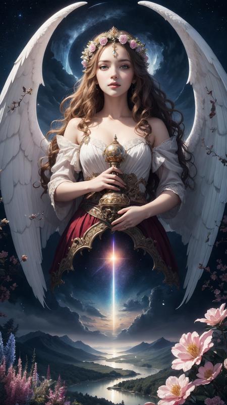 (high quality:1.2), (best quality:1.2), (masterpiece:1.2), official art, official wallpaper, surreal, beautifulgoddess, (woman:1.1), (long wavy hair:1.1), (flower crown:1.1), (celestial:1.2), (divine:1.2), (mystical creatures:1.1), (floating islands:1.1), (detailed landscape:1.1), (magic in the air:1.1), (stardust:1.1), night sky, (whimsical atmosphere:1.1), (dreamlike world:1.1), (bubbles:1.1), (luna moths:1.1), (moonlight:1.1), enchanted forest, (wisdom:1.1), (powerful energy:1.1), (guardian angels:1.1), (creation:1.2), (peaceful:1.1), vibrant colors, HDR, (detailed:1.05), (extremely detailed:1.06), sharp focus, (intricate:1.03), (extremely intricate:1.04), (epic scenery:1.09), vibrant colors, (beautiful scenery:1.08), (detailed scenery:1.08), (intricate scenery:1.07), (wonderful scenery:1.05), beautiful face, [perfect eyes:0.8], [perfect skin:0.8], [detailed face:0.8], [detailed eyes:0.8], [detailed hair:0.8], [detailed lips:0.8],