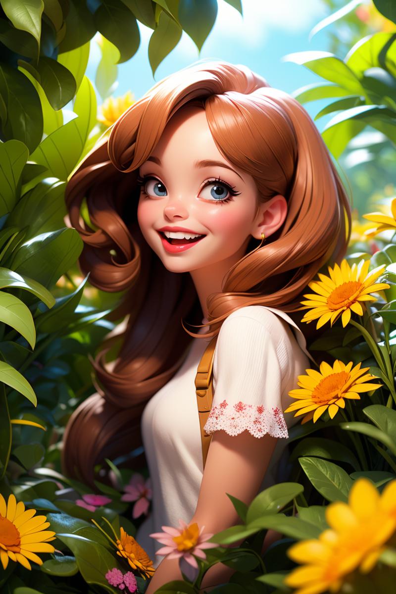 Computer-generated image of a smiling girl in a field of flowers with blue eyes and a brown ponytail.