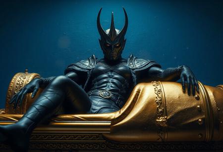 "Create a hyper-realistic, dynamic portrait of the Dark King of the Abyss, dressed in an X-men costume, lying on a gold sarcophagus with japanese collection details. Utilize cinematic lighting, particles, and cybermagnetosphere details. The image should be in portrait mode with a blue wall as the backdrop. Ensure long limbs, a large chest, and a face-forward position. The final piece should have a stunning, flawless completion, and lifelike texture. Rendering should be done using Unreal Engine 5 or Octane Render."