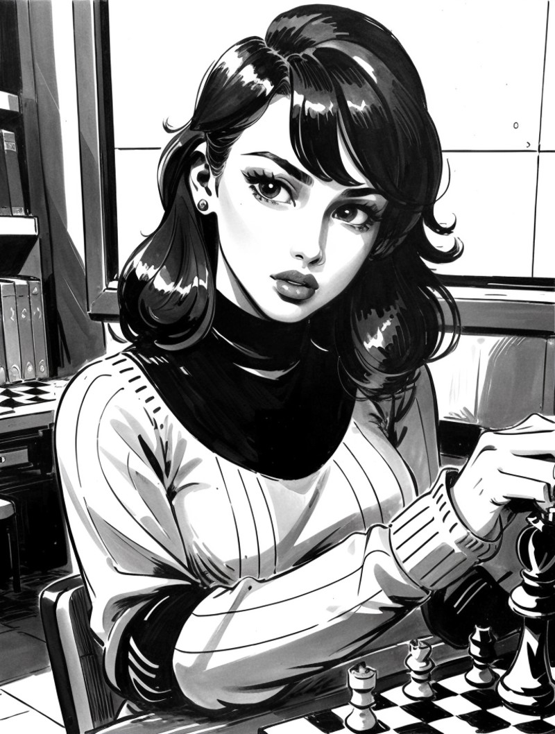 inksketch,(masterpiece, top quality, best quality, 1girl, solo, realistic, hair, looking sideways, sweater, lips, upper bo...