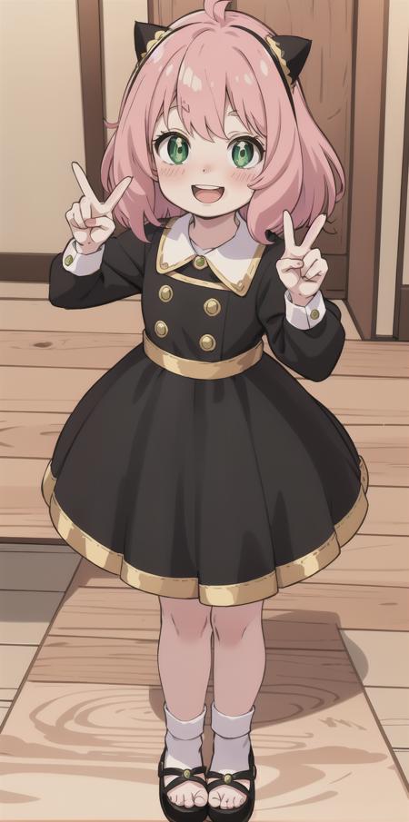 1girl, <lora:Anya_Forger:1> Pink hair, green eyes, smiling expression, blushing cheeks, black dress with white collar, black and gold cat ears headband, indoors, desk, standing, (child:1.5), looking at the viewer, making a peace sign with right hand, open mouth