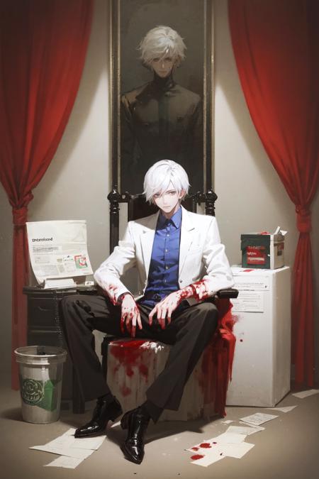 masterpiece, best quality, extremely detailed, detailed background, detailed face, 1boy, male focus, blood, sitting, solo, blood on clothes, chair, trash bag, blue shirt, labcoat, shirt, paper, pants, black footwear, indoors, short hair, looking at viewer, black pants, curtains, white hair, shoes, long sleeves, grey hair, full body, cigarette, blood on hands, office chair, box, knife, id card, closed mouth, grey eyes