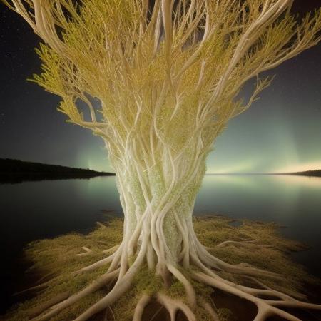 “In a single still frame, show a towering, bio-luminescent mangrove tree rising from crystalline waters that refract intricate fractal patterns onto massive, translucent petals above. Within each petal, nested micro-worlds mirror shifting auroras and drifting spores. Shimmering vines, encrusted with ornate shells and pearls, coil among swirling mist lit by diffuse golden sunlight. Every surface is textured with hyper-detailed engravings, revealing subtly hidden glyphs and impossible, non-Euclidean geometry—an otherworldly fusion of lush nature and arcane complexity.”
