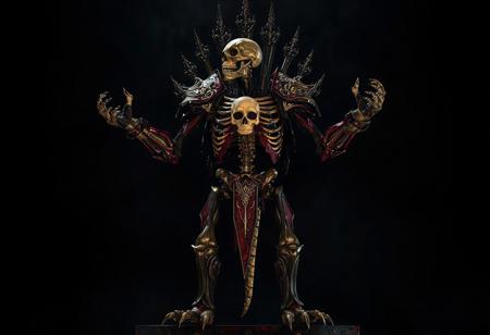 "A hyperdetailed cinematic concept art of a grimdark monster humanoid standing tall against a Nightmare Throne black background. The figure is composed of a skeletal structure, adorned with intricately designed red and gold armor covering its torso and arms, featuring a prominent skull on the chest. The monster’s arms are outstretched, legs slightly spread, and head turned to the left, gazing into the distance, exuding readiness and eerie dominance. Rendered in Unreal Engine 5, with 8K resolution, lifelike details, sharp lines, and stunning, harmonious colors. The composition is impeccable, with captivating lighting, balanced editing, and a creative angle, trending on ArtStation, CGSociety, and Pixiv. Inspired by the styles of Raphael, Houdini, and Grammer Effect, with vivid emotions and a powerful message. The monster humanoid’s design showcases handcrafted precision and a sense of otherworldly menace, making it the undeniable focal point of the image. Cinematic composition, featured on ArtStationHQ and Pixiv, evoking a high-stakes, dark fantasy atmosphere."