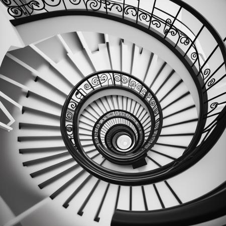 art photography of geometry, looking down at monochrome spiral staircase,
<lora:geometry_building_art_v09:0.35>,
photorealistic, masterpeice, best quality, ultra high res, hires