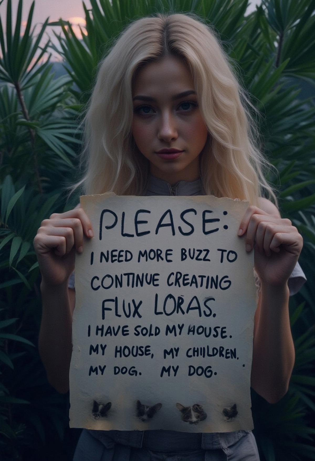 Kawaii desune Woman in dark detroit jungle , holding a sign "PLEASE, I NEED MORE BUZZ TO CONTINUE CREATING FLUX LORAS. I HAVE SOLD MY HOUSE, MY CHILDREN, MY DOG..."