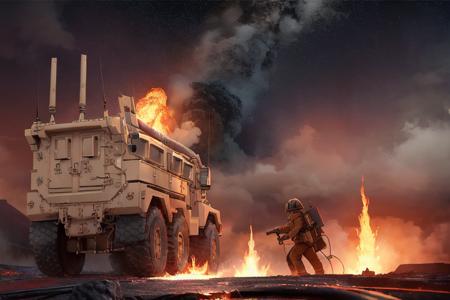 analog gloomy (close up shot) photo of a ((6x6 MRAP,  <lora:mr4p:1>)), (escaping from fire and lava (at night)), volcano eruption, ((at night)), (disaster movie), ((nighttime)), (surrounded by lava:1.2), High Detail, Sharp focus, (photorealism), realistic, best quality, 8k, award winning, dramatic lighting, epic, cinematic, masterpiece, rim light, ambient fog:1.3, dutch angle, low angle view, depth of field,