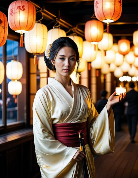 Realistic image of a beautiful woman, Asian woman, dark hair, <lora:Ai_Lotus:0.75>,,<lora:muromachi86:0.6>, Lantern festival on a riverboat: portrait of a geisha performing a dance beneath hanging lanterns, incense smoke curling around her, golden backlight, 50 mm f/1.2, shallow depth, dynamic motion capture of silk kimono sleeves. ,low light, soft natural light, Rembrandt style light, Hasselblad DLSR camera, 200mm Zeiss lens, f/2.8 ,Sexy pose, erotic pose, exhibitionism, ,The Notre-Dame Cathedral in Paris with its Gothic architecture and rose windows