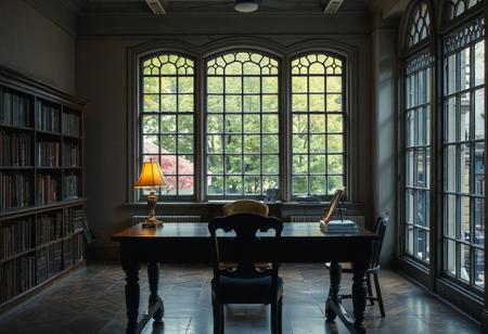 a professors table in a university, reminiscent of a scene from harry potter but with modern stylings that make it relatable to any university attending viewer, the shot should be from the front with  the professor's desk centered and an empty chair visible, a lamp on the desk illuminates the scene and an open window is visible at the back filling 3/4 of the scene.
[[No objects on the desk, empty desk. desk and chair facing observer]]