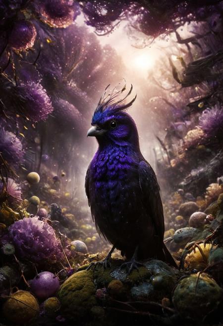 ral-apoctvisn, dark, chiaroscuro, low-key, breathtaking masterpiece showcasing a gorgeous little bird, Violet-crowned nymph,  bathed in soft, golden morning light, surrounded by vibrant bokeh balls that frame its delicate form. The image will be rendered in sharp detail, capturing every feather and intricate feature of the bird with stunning clarity. The soft, diffused lighting will enhance the warmth and radiance of its plumage, while high-quality bokeh adds a magical touch to the scene. Multiple image exposures will be expertly combined to emphasize the bird's vibrant colors and captivating gaze, resulting in a lifelike portrayal of tranquil beauty.
The artwork will feature shimmering digital colors in a mixed media style on textured paper, creating an overlapping, asymmetrical, abstract composition bursting with vibrant hues. Every inch of the image will be filled with intricate details, from the feathers of the nymph to the surrounding environment, all depicted in extreme detail. The wide range of colors will add depth and richness to the scene, with soft shadows and low saturation tones creating a serene yet evocative atmosphere.
With insane quality, resolution, and details, the final image will be a true masterpiece of nature photography, showcasing dramatic, dynamic, and cinematic elements. The sharp details will bring the scene to life, immersing viewers in the beauty and wonder of the Violet-crowned nymph in a way that is both breathtaking and captivating.