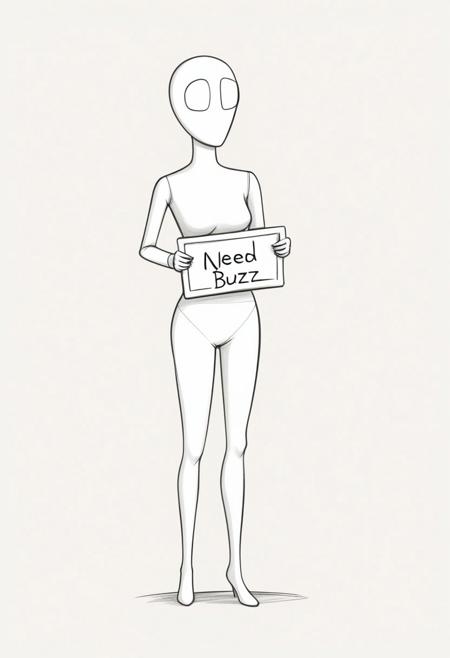 sketch, doodle, mannequinn, white body, faceless female, solo, breasts, navel, rating_safe, sfw, holding a sign that says: "I need buzz, please", simple background, 2d, cartoon