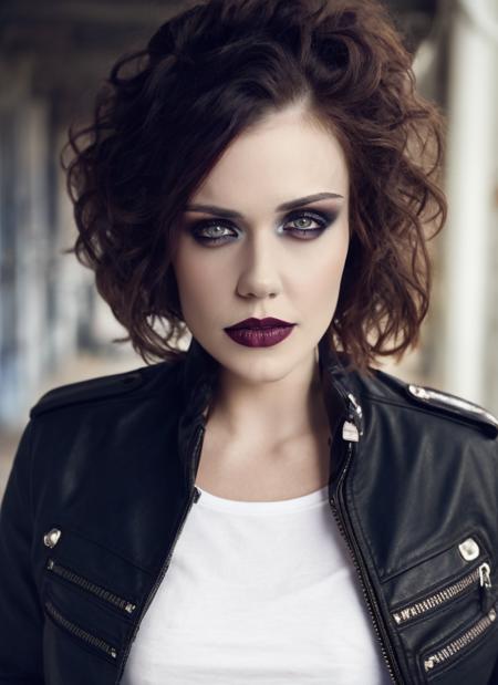 professional photography, portrait of a goth woman in the garage, dark lips, pale makeup, black leather jacket and white tee, bold, bright colours, (high detailed skin:1.1)
 <lora:jennie_jacques_lora_v01:1> jenjac