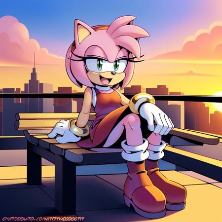 <lora:AmyRose1:1>, (masterpiece best quality:1.2), hdr, (uploaded on e621), (((by nitro, by chadthecartoonnut, by marthedog)), amy rose, 1girl, looking at viewer, smile, short hair, open mouth, simple background, gloves,  dress, full body, hairband, boots, sleeveless, skin tone arms, white gloves,  sleeveless dress, red dress, happy, red footwear, furry, furry female, red hairband, animal nose, solo, sonic the hedgehog \(series\), green eyes, animal ears, pink hair, pink fur, white stripped boots, perfect anatomy,  outside, city, day time, blue sky, clouds, detailed background, detailed, perfect hands, bench, sitting, 5 fingers