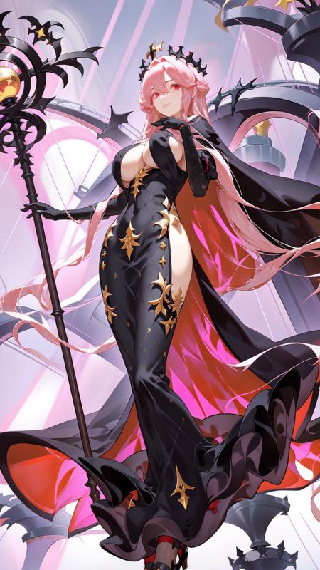 1girl, dress, solo, breasts, long hair, black dress, red eyes, long dress, gloves, holding, black gloves, staff, pink hair, full body, black footwear, high heels, very long hair, holding staff, bangs, cleavage, crown, large breasts, rigging, elbow gloves, center opening,  <lora:ClemenceauV1.0:0.8>, clemenceau, standing