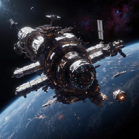 Design a breathtaking scene set in the vastness of space, where a futuristic spaceship is gracefully docking with a massive space station. Imagine this spacecraft as a marvel of human engineering, with sleek lines, glowing accents, and an array of advanced technologies on display. The space station, a towering structure with intricate details and multiple docking ports, serves as a bustling hub of interstellar activity.

As the spaceship aligns perfectly with the docking bay, highlight the intricate dance of mechanical arms and magnetic locks securing the two structures together. Add a dramatic touch with a vibrant nebula glowing in the background, its vivid colors contrasting the dark void of space. Enhance the sense of depth and movement with stars streaking across the scene, creating a captivating starfield.

Include subtle lighting effects to showcase the reflective surfaces of the spaceship and space station, emphasizing their metallic sheen. Perhaps add a few smaller vessels or spacewalkers nearby, providing a sense of scale and additional visual interest. The overall composition should evoke a sense of wonder, showcasing the beauty and excitement of space exploration and the potential of human ingenuity in the future.
