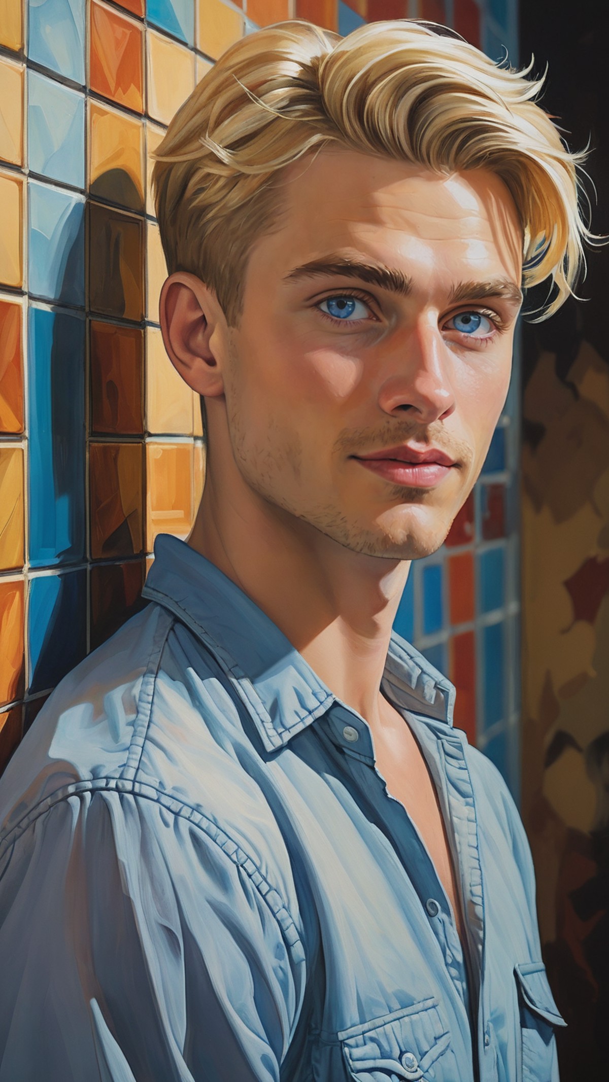 vivid oil painting, young man, guy leaning against a tiled wall, looking at viewer, he has very short blonde hair with a f...