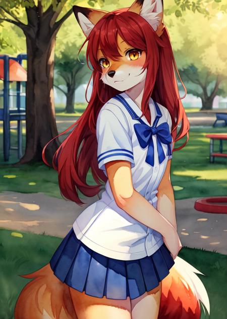 uploaded on e621, ((by Fumiko, by Makoto Shinkai, by Kaeritai07)),
solo female (((red fox))) with ((range body)) and ((long red hair, cheek tuft)) and ((clear yellow eyes)),
((wear blue and white school uniform, short blue skirt, blue bow ribbon)), ((small breasts)), (dipstick tail, dipstick ears),
(detailed fluffy fur), ((half-length portrait, three-quarter view, cowboy shot)),
BREAK,
(standing at city park:1.2), (outside, grass, tree, playground),
(detailed background, depth of field, half body shadow, sunlight, ambient light on the body),
(watercolor \(artwork\), watercolor \(medium\):1.3)
(intricate:1.1), (high detail:1.2), (unreal engine:1.3), (soft focus:1.1),
[explicit content, questionable content], (masterpiece, best quality, 4k, 2k, shaded, absurd res)