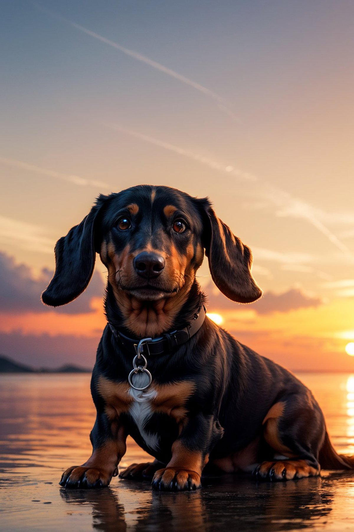 A cute black and brown dog with a collar and tag, looking at the sunset.