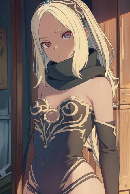 gravity rush kat, long hair, blonde hair, (red eyes:1.3), hairband, dark skin, dark-skinned female, bare shoulders, scarf, leotard, strapless, vambraces, black scarf, leg warmers,