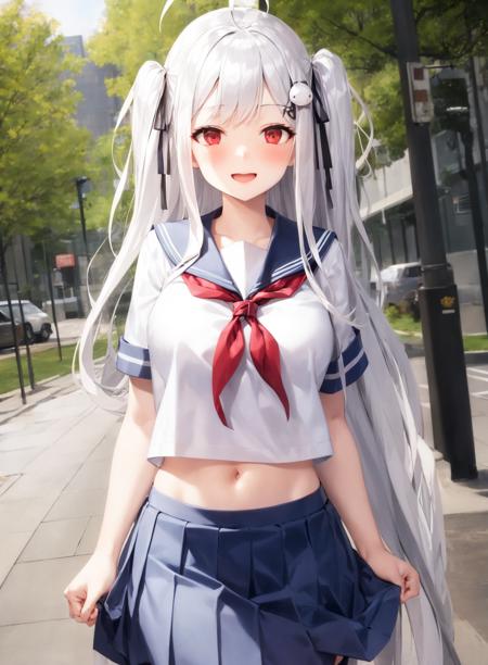 1girl, skirt, school uniform, serafuku, long hair, ribbon, two side up, hair ribbon, open mouth, outdoors, hair ornament, black ribbon, solo, blue skirt, white hair, ahoge, navel, white shirt, pleated skirt, breasts, blush, short sleeves, very long hair, neckerchief, shirt, bangs, smile, red neckerchief, facing viewer,