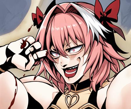 sgnjd\(a\), 1girl,araki hirohiko (style), open mouth, smile,blood,Astolfo,