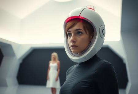 The image shows a young woman wearing a white helmet with a red light on it. The helmet has a futuristic design with a large circular opening in the center. The woman is standing in a room with a high ceiling and white walls. She is looking off to the side with a serious expression on her face. In the background, there is a woman in a white dress standing in front of the helmet. The overall mood of the image is futuristic and futuristic.