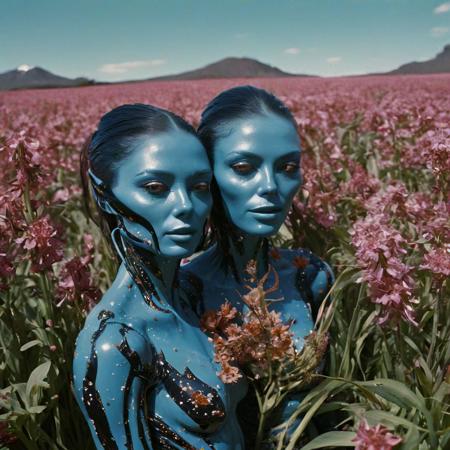 A close-up portrait photograph, The sexy and sassy brunette blue skin, horny alien twins. Their luxury interstellar starship behind them, flower field and ayahuasca, 1970s science fiction b-movie, technicolor, 3d stereoscopic view-master image, Polyacrylic resin, glossy, melted plastic, stretched rubber faces, Leica M3, 50mm lens, cinematic still, dramatic moody cinematic lighting,