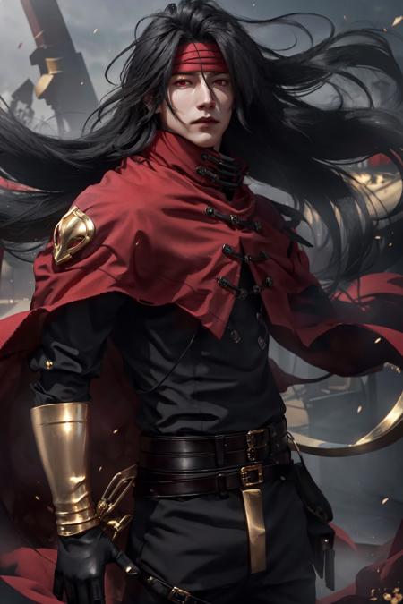 VincentValentine    long black hair, red eyes, red cloak, red headband covered mouth,  high collar