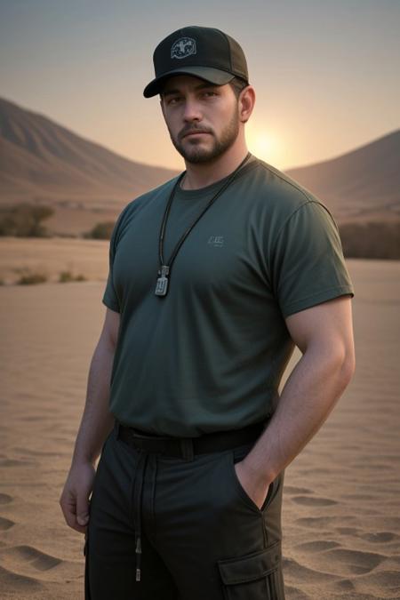realistic, masterpiece, best quality, cinematic lighting, soft shadow, insane detail, detailed background, professional photography, depth of field, intricate, detailed face, subsurface scattering, realistic hair, realistic eyes, Obese, masculine, (large pectorals:1.3), shiny skin, (sweat:1.1), photo of a handsome man, outdoors, desert, military camp, sky, sunset, camouflage pants, dog tags, beard, shirt, (72 year old), dynamic pose, backwards hat,