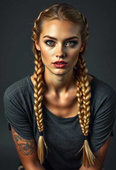 Realistic candid photo, beautiful supermodel, blonde hair in dutch braids, very realistic details, highly detailed hazel eyes, full lips, Seductive, A sultry gaze, a slightly parted lips, and a hint of a smile, professional photography and lighting, sitting on a stool in a professional studio, medium gray background, lifelike