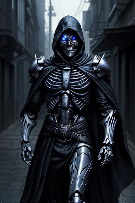 (masterpiece:1.2), best quality, high resolution, perfect lighting, extremely detailed, (Terminator assasin),  battle scared white and black carbon armor,  Wearing a dark cloak with hood, skull face just visable under hood, (very dim light blue eyes, eyes very dim blue glow), (full_armor fitted like a skeleton ribs design), humanoid, Metal Human skull head, (extreme detailed micro mechcanical scary Metal human skull design). Samurai sword shinning silver, Runes decorative embossments over his cloak, slim muscular body fast agile and stealthy, background a dark back street with subtle lighting and shadows, facing viewer, solo,