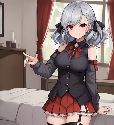 <lora:SPASNormal:1>,solo,1girl,bedroom,spasnormal,hair ribbon,red eyes,grey hair,twintails,bare shoulders,dark detached sleeves,cowboy shot,red pleated skirt,thighhighs,dark shirt,braid,smile,vest,layered skirt