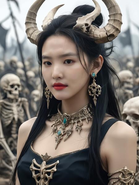 realistic, Skin Textures, High Resolution, Cinematic,long shot, ,jewelry,earrings,stunning beautiful,innocent , zhangruonan woman as a great demon, in A land full of bones and skeletons of people who once fought there digital painting, artstation, concept art, sharp focus, illustration, art by Tony Sart and artgerm and randy vargas<lora:zrn2_ej_JuggXL_1-000020:0.5>