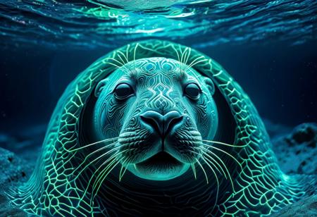 Lazypos, Surreal Harmony,
Seal swimming in the deep sea, bioluminescence, looking at camera, dynamic,
neon, wires, a build of sacred geometry, a neon color giving an ethereal glow in each separate completed, outlined by neon wires, Masterpiece